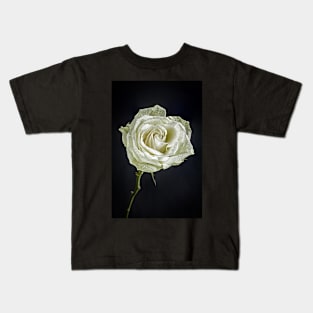 Single White Rose with Raindrops and Black Background Kids T-Shirt